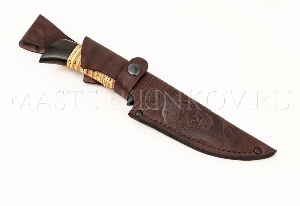 Нож из дамасской стали Лазутчик, рукоять черный граб, береста