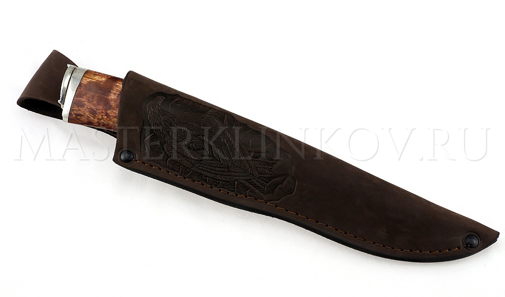 Нож из дамасской стали Медведь, долы, камень, рукоять - карельская береза, литье