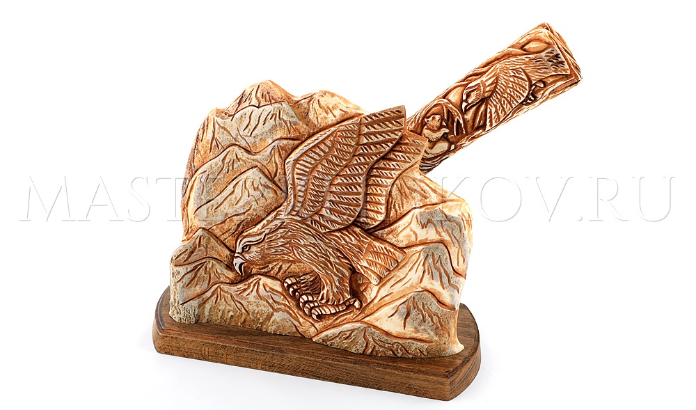 Нож из дамасской стали Беркут, гравировка золочением, рукоять - подставка- рог лося, резьба