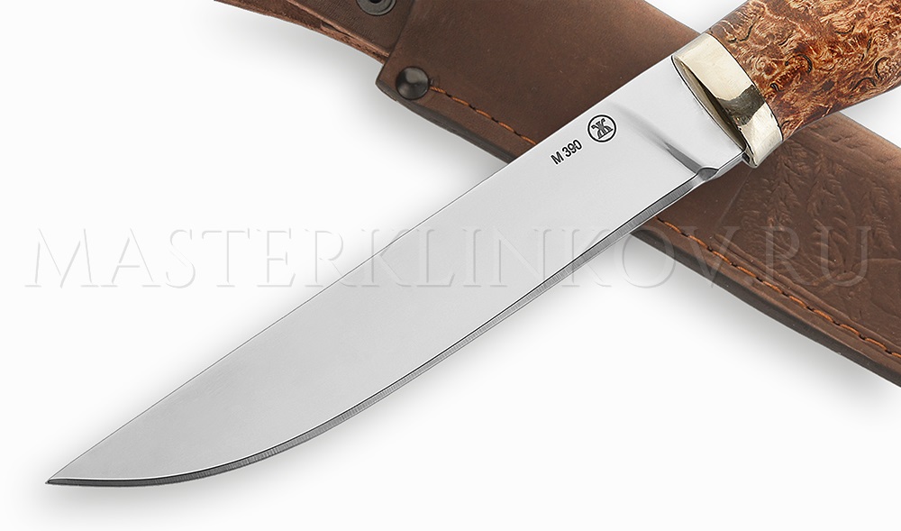 Нож из порошковой стали М390 Лань, рукоять - карельская береза, мельхиор