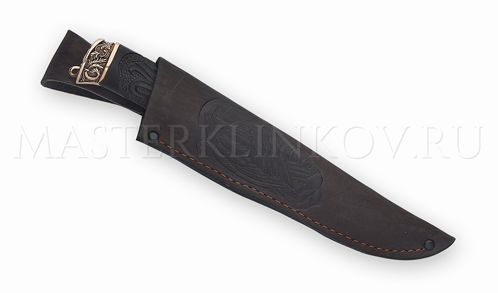 Нож из булатной стали «Медведь», рукоять - черный граб, резьба, литье бронза