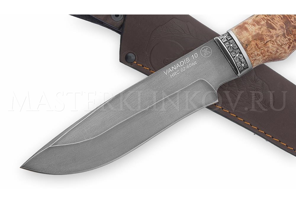 Нож из порошковой стали Vanadis 10 Волк, рукоять — карельская береза,  литье