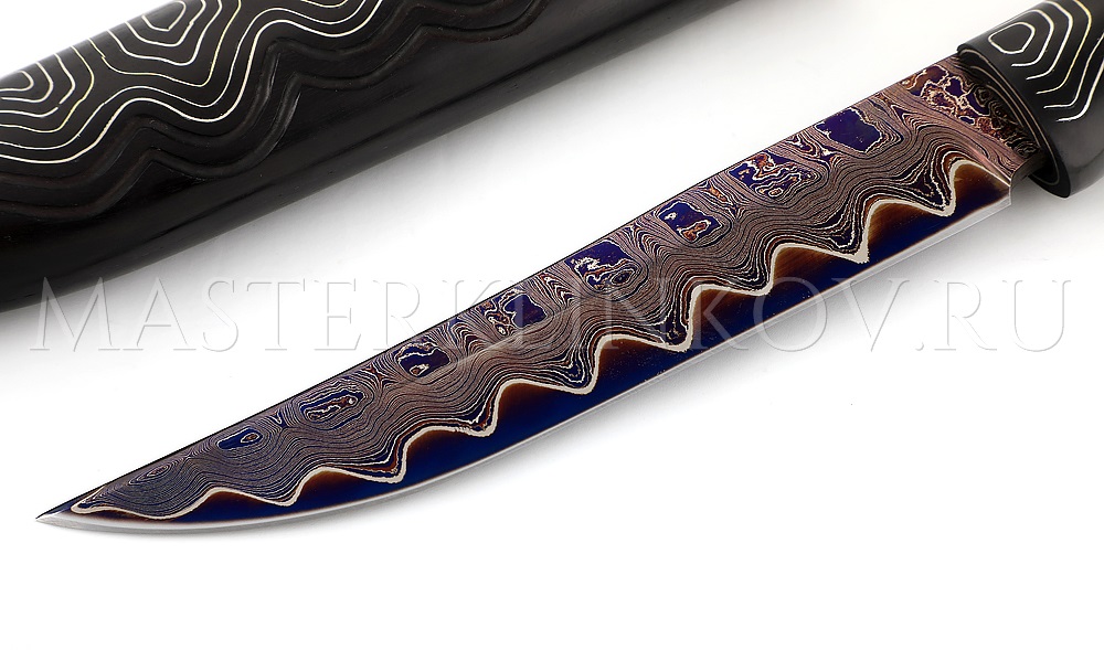 Нож Осетр мозаичный ламинат, черный граб, резьба, инкрустация