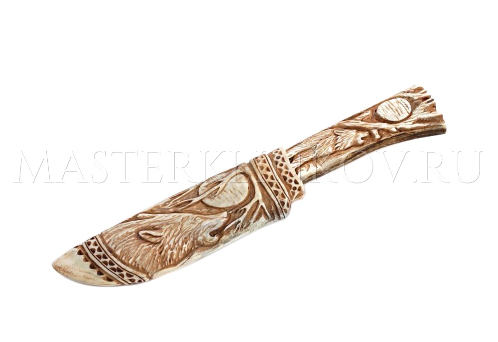 Нож Егерь, дамасская сталь, рукоять и ножны - резьба по кости