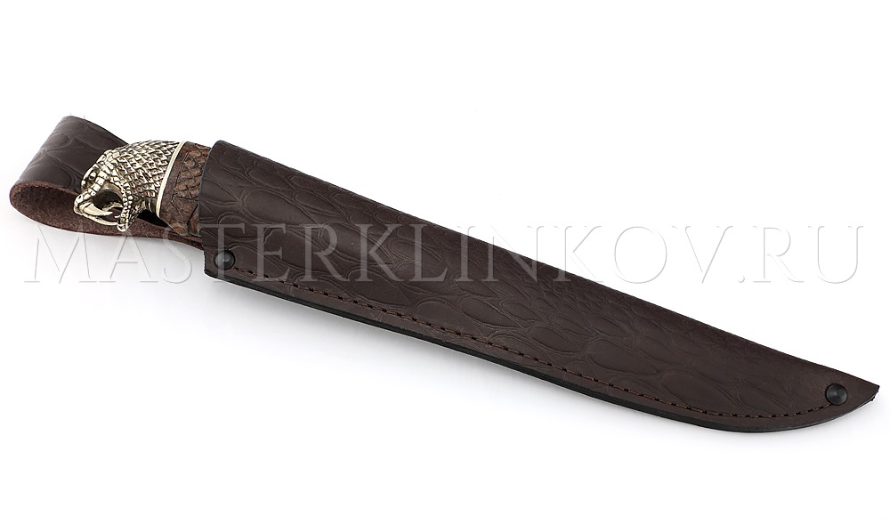 Нож из дамасской стали Осетр, долы, камень, карельская береза, литье Кобра