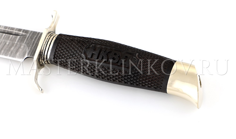 Нож Финка НКВД реплика, дамасская сталь, рукоять- граб, резьба, мельхиор