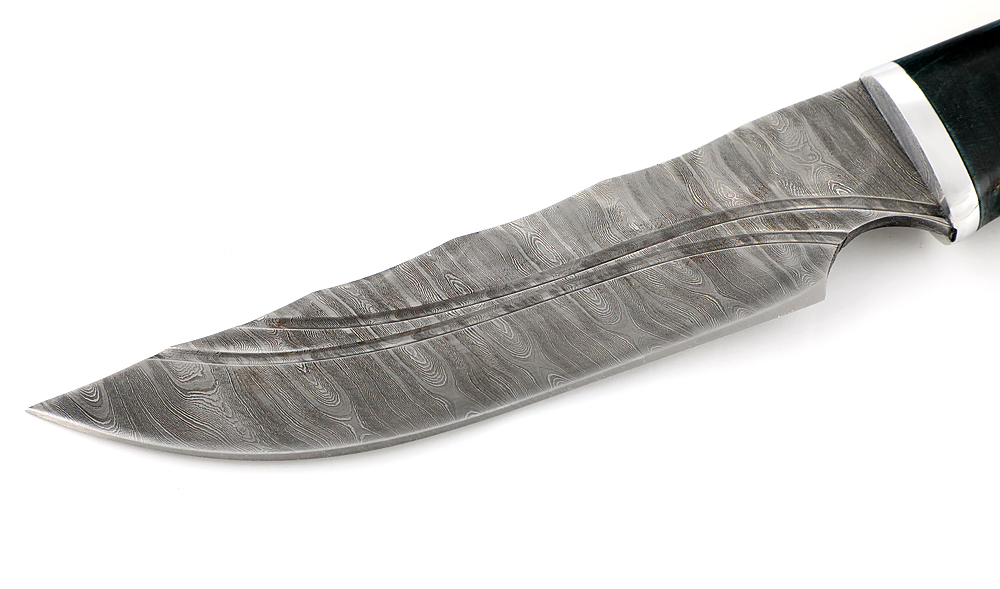 Нож из дамасской стали Золотоискатель, камень, рукоять, ножны - карельская береза