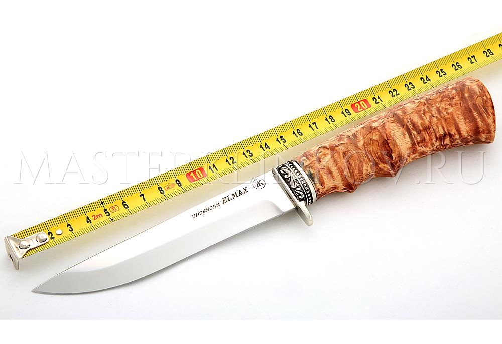 Нож из порошковой стали Elmax Соболь, рукоять и ножны - карельская береза, литье