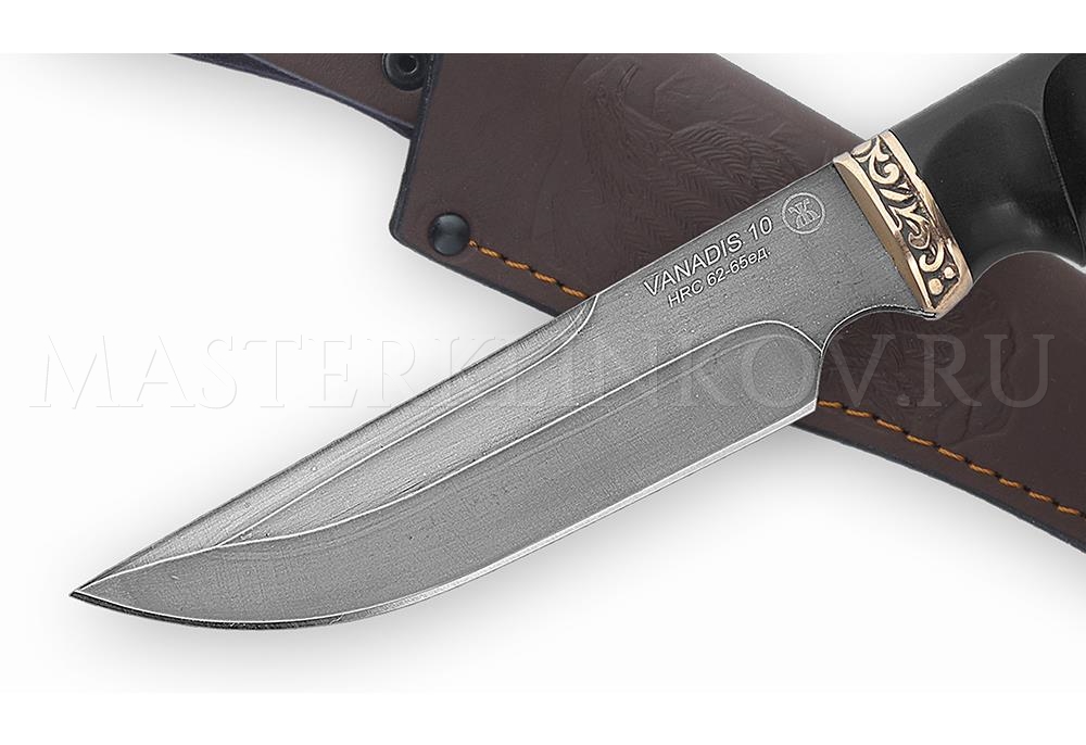 Нож из порошковой стали Vanadis 10 Золотоискатель, рукоять под пальцы  — черный граб