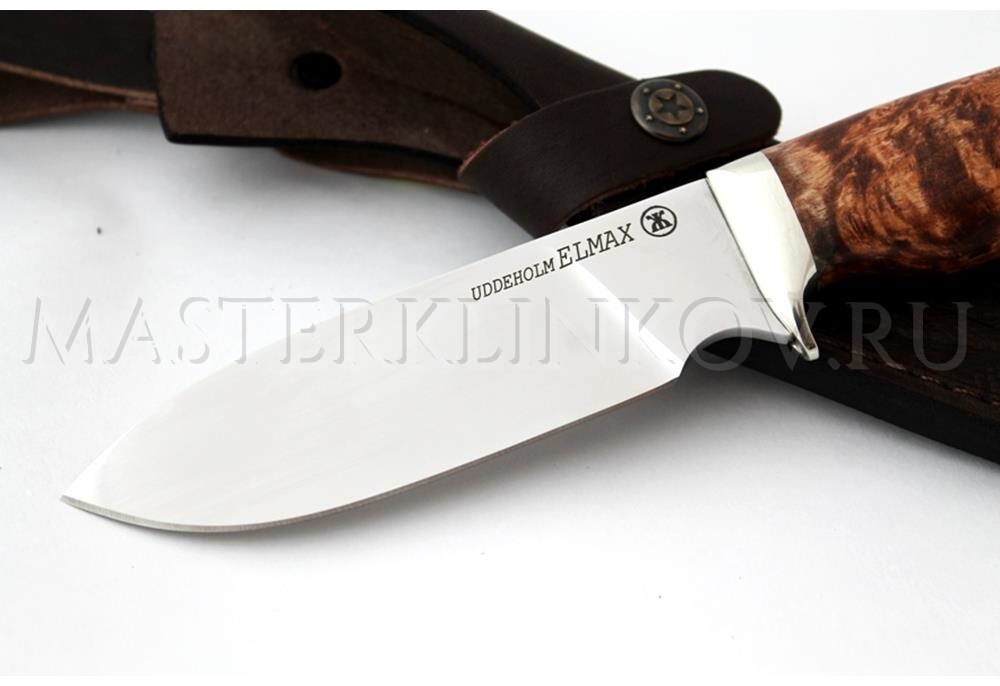 Нож из порошковой стали Elmax Бобр, рукоять - карельская береза, мельхиор