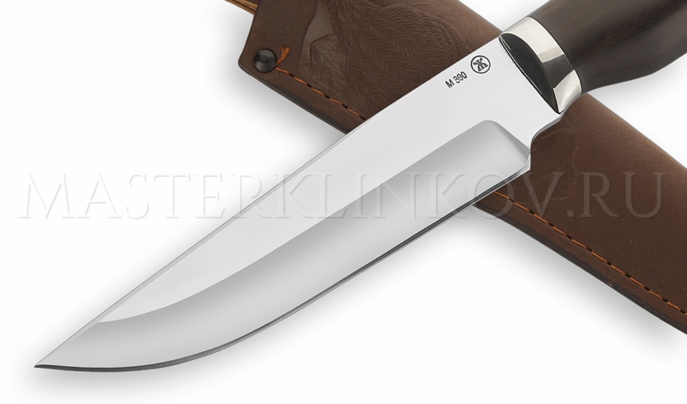 Нож из порошковой стали М390 Медведь, рукоять - черный граб, мельхиор