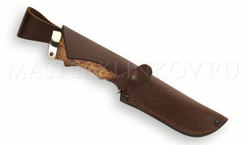 Нож из порошковой стали М390 Бобр, рукоять карельская береза, мельхиор