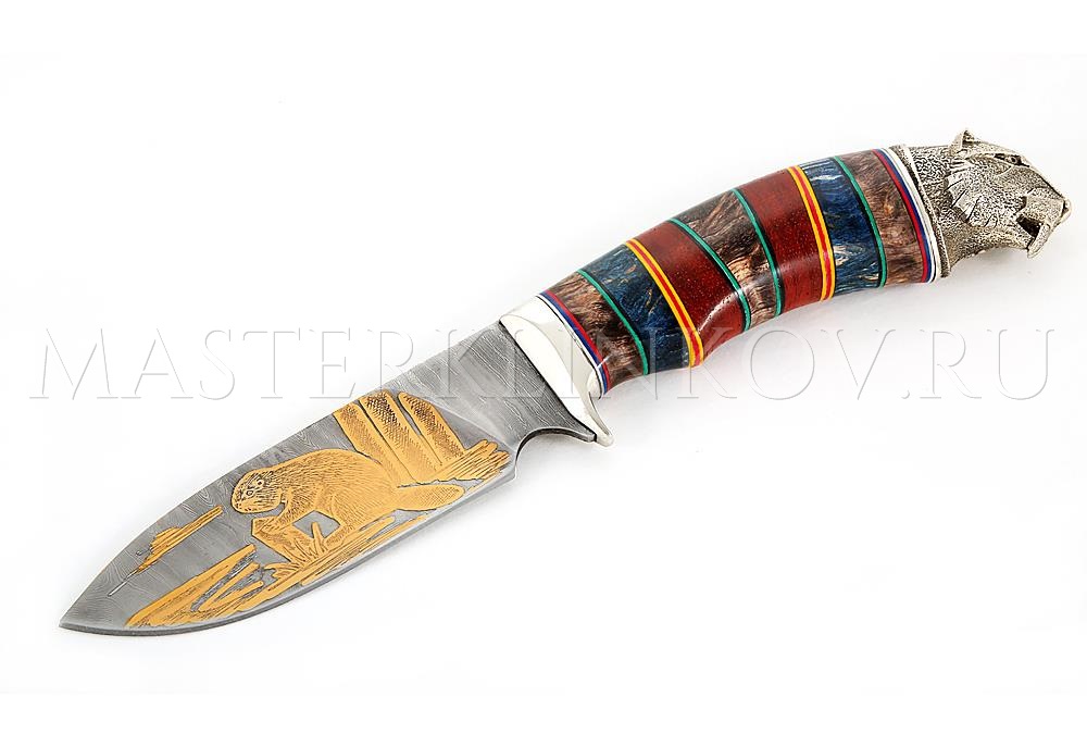 Нож из дамасской стали Бобр золочение, рукоять - наборная карельская береза, литье