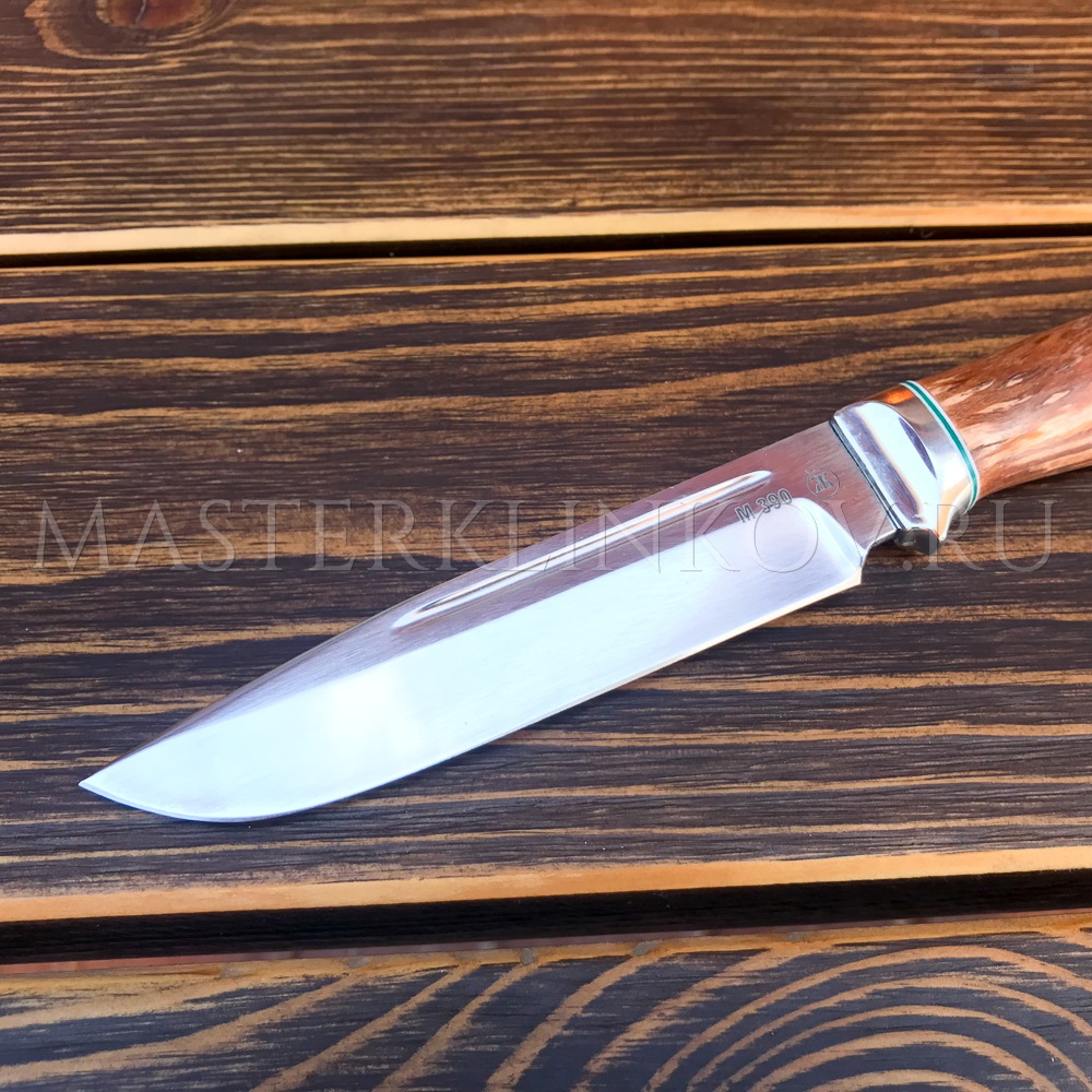 Нож из порошковой стали М390 Тапир, рукоять - карельская береза, мельхиор