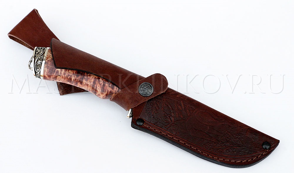 Нож из дамасской стали Бобр,гравировка, вырубка, рукоять - карельская береза, литье