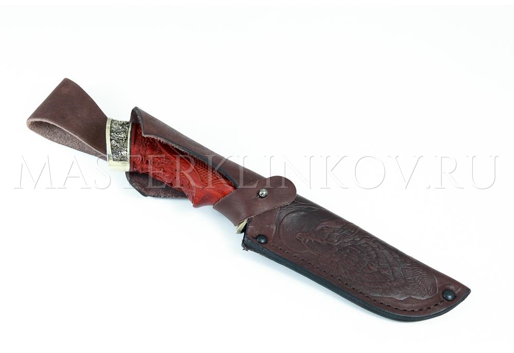 Нож из дамасской стали Бобр, долы, камень, рукоять - падук, резьба, литье