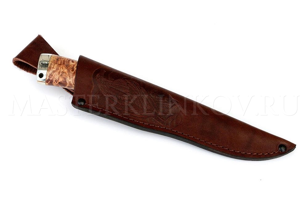 Нож из порошковой стали Vanadis 10 Медведь, рукоять — карельская береза, литье мельхиор