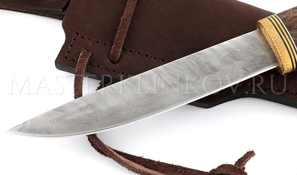 Нож из дамасской стали Якут большой, рукоять - карельская береза, инкрустация