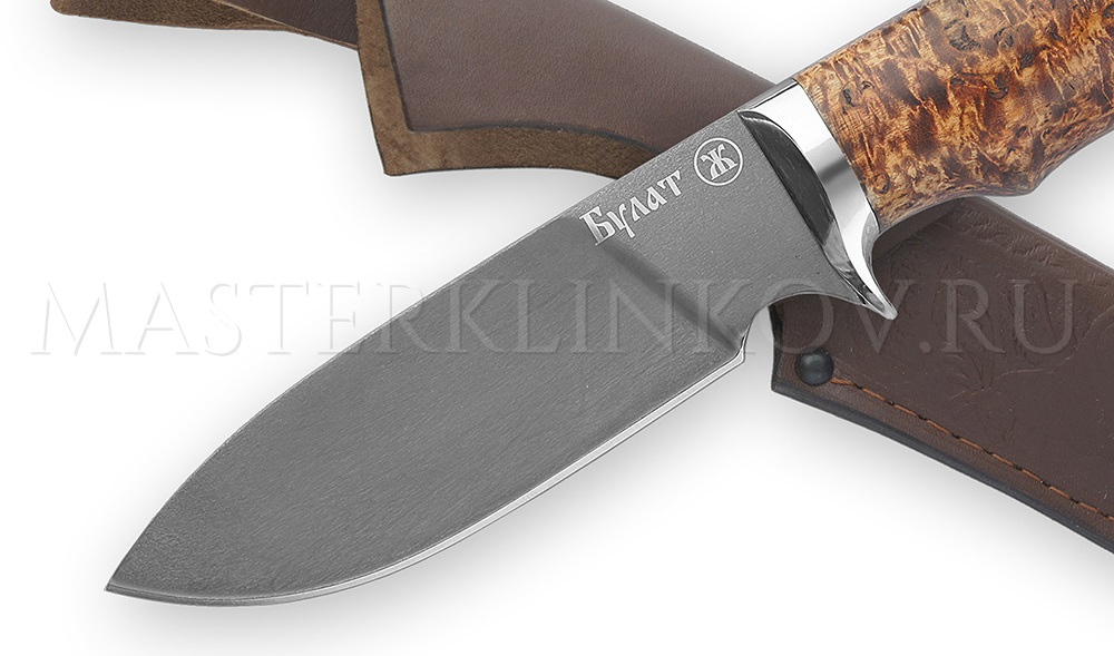 Нож из булатной стали Бобр, рукоять - карельская береза, мельхиор