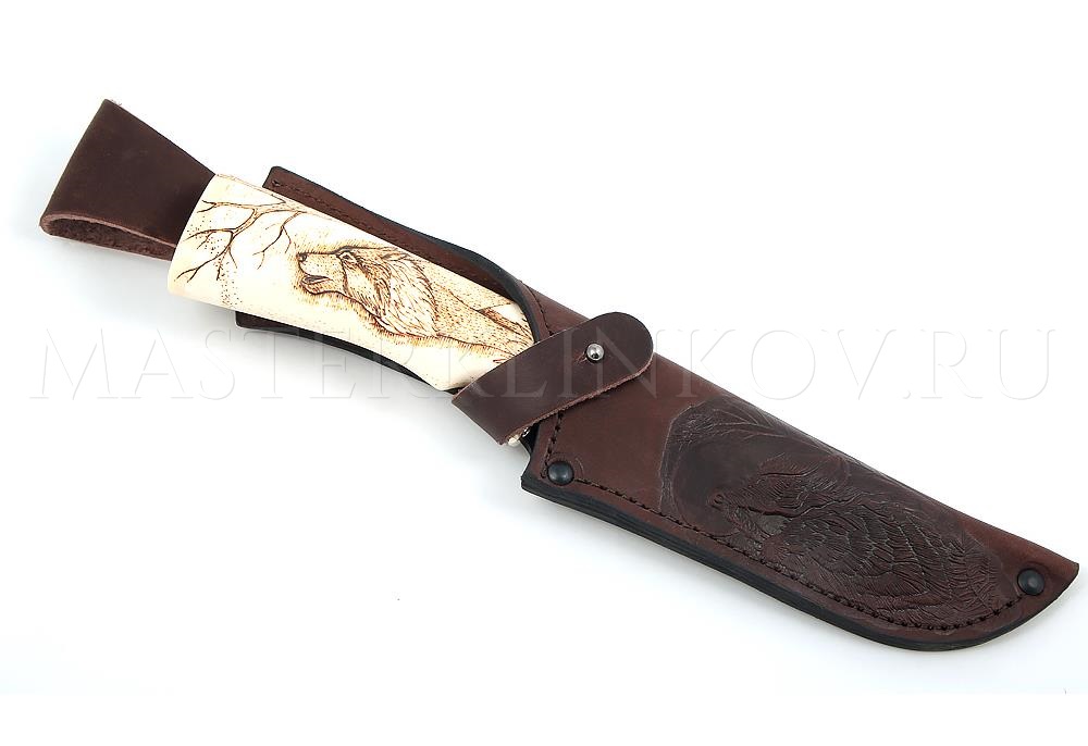 Нож из дамасской стали Волчица, гравировка, рог лося, выжигание