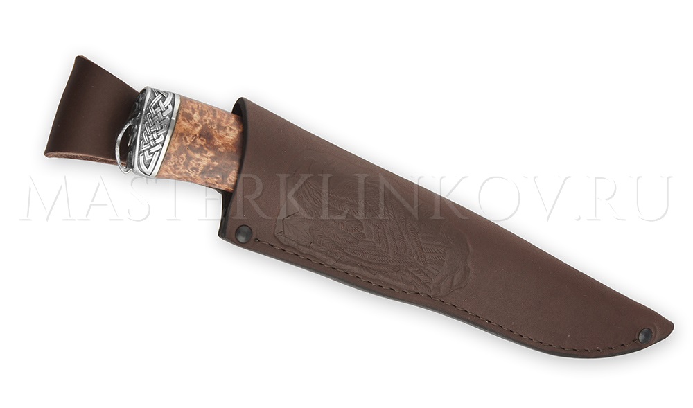 Нож из булатной стали «Медведь», долы, камень, рукоять — карельская береза, литье