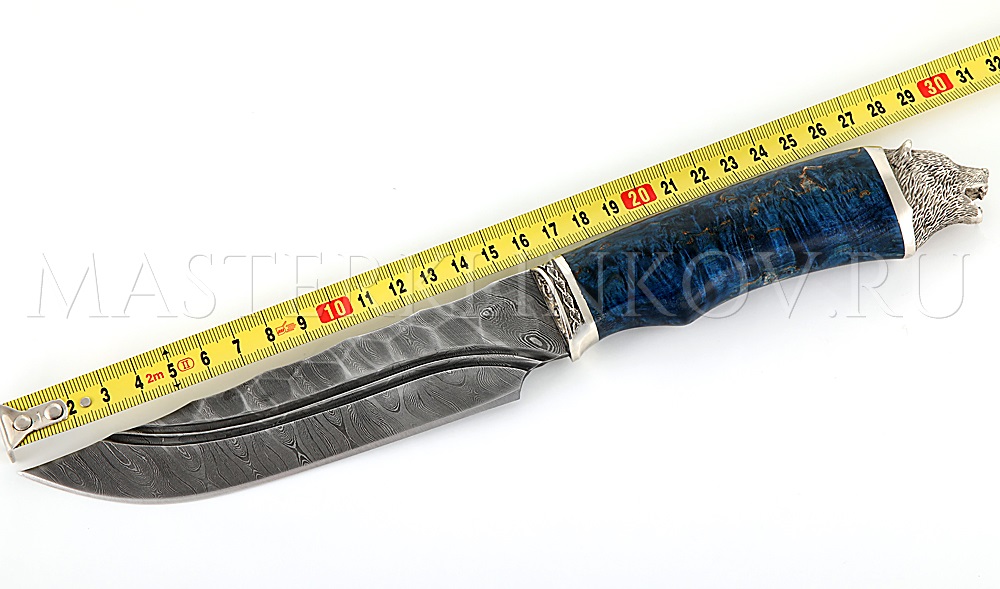 Нож из дамасской стали «Медведь», долы, камень, рукоять — карельская береза, литье