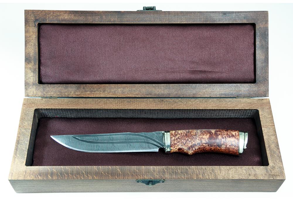 Нож из дамасской стали Осетр, долы, камень, рукоять - карельская береза, литье