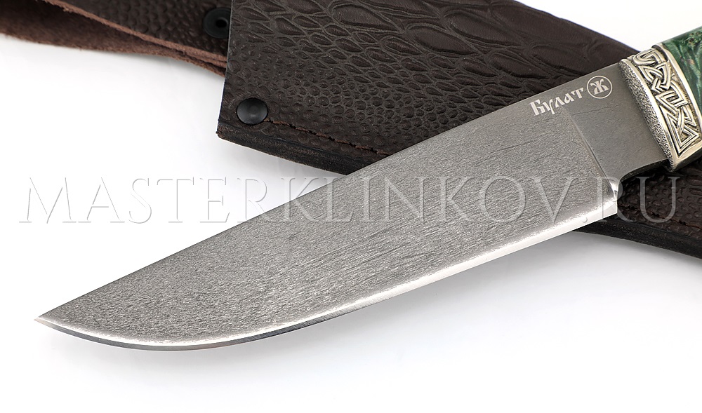 Нож из булатной стали «Медведь», рукоять - стабилизированная карельская береза под пальцы, литье