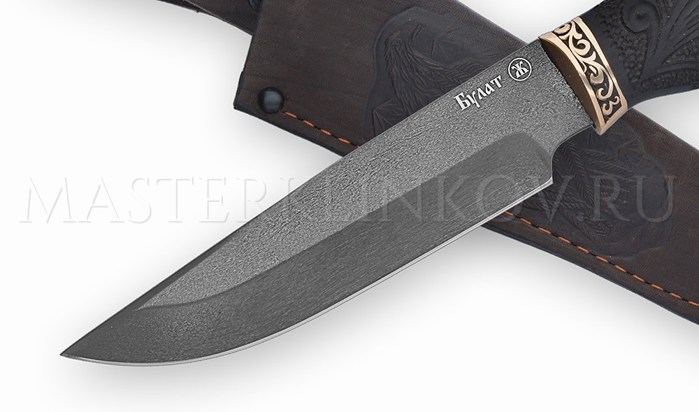 Нож из булатной стали «Медведь», рукоять - черный граб, резьба, литье бронза