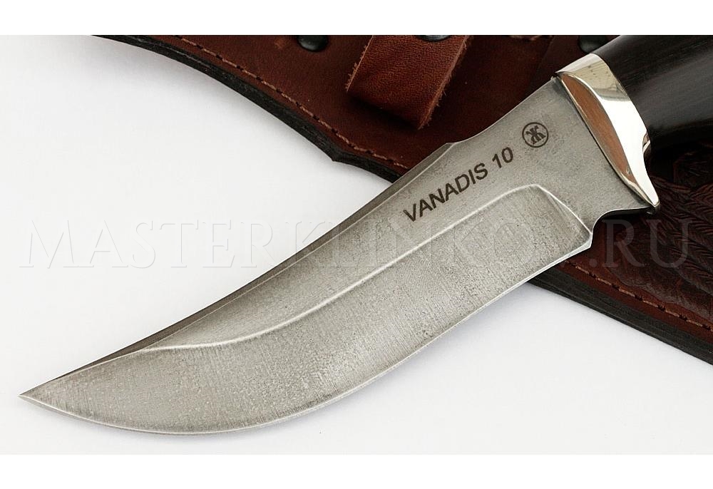 Нож из порошковой стали Vanadis 10 Восток, рукоять — черный граб,  литье  мельхиор