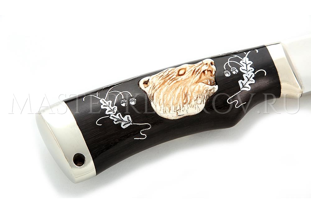Нож из стали Elmax «Медведь», рукоять - черный граб, инкрустация, мельхиор