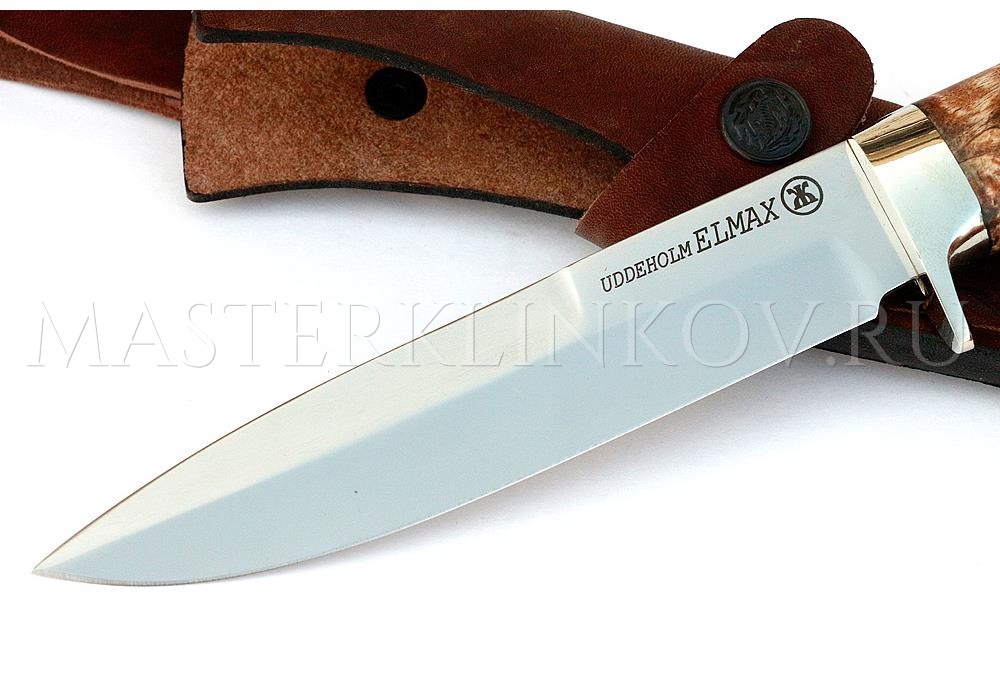 Нож из порошковой стали Elmax Пехотный, рукоять - карельская береза, мельхиор