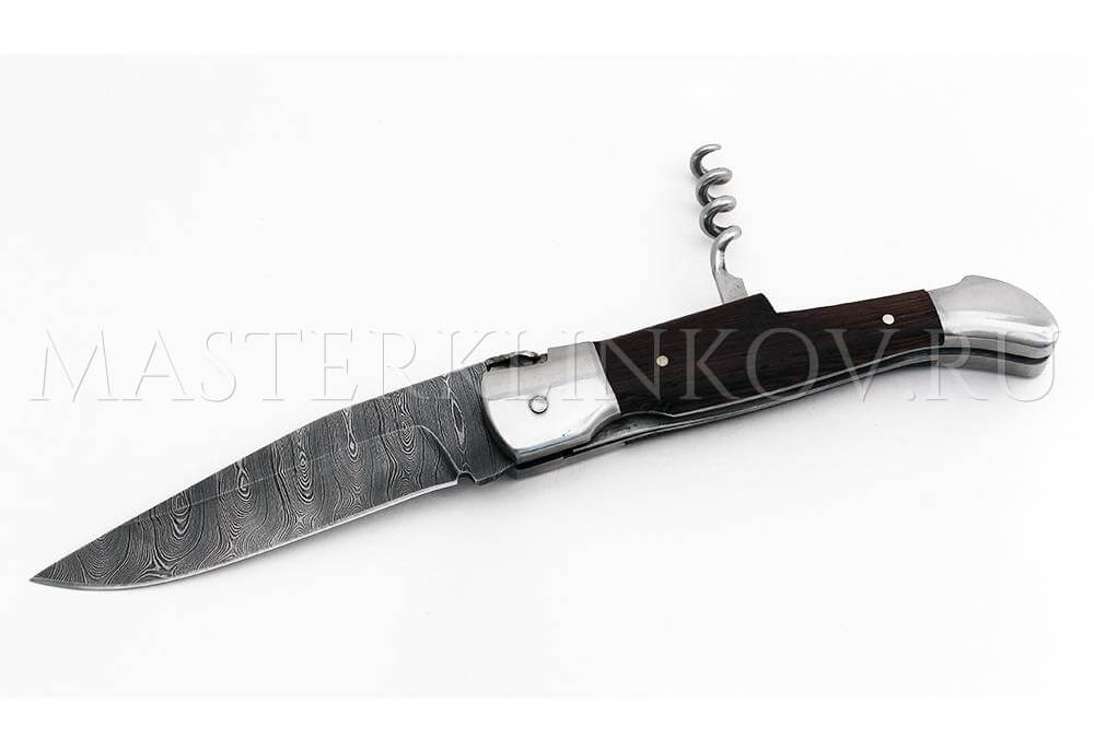 Нож складной из дамасской стали Филин двухпредметный со штопором, рукоять - венге