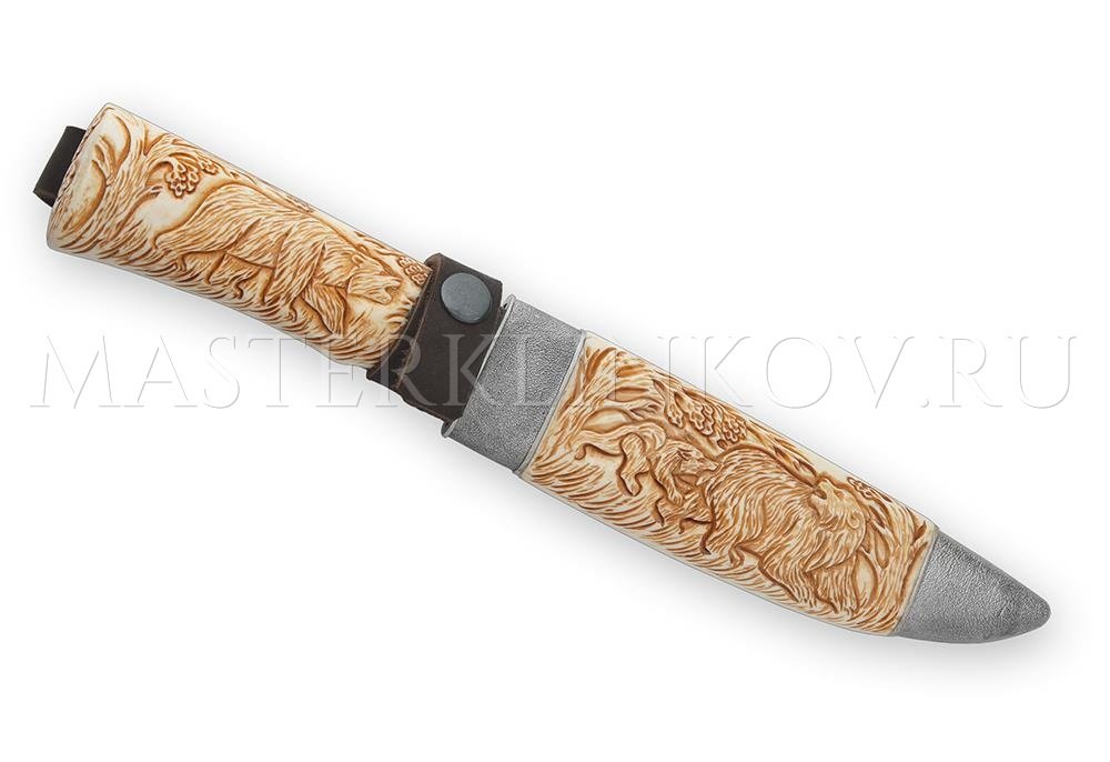 Нож Медведь, торцевой дамаск, рукоять и ножны - резьба по кости, литье