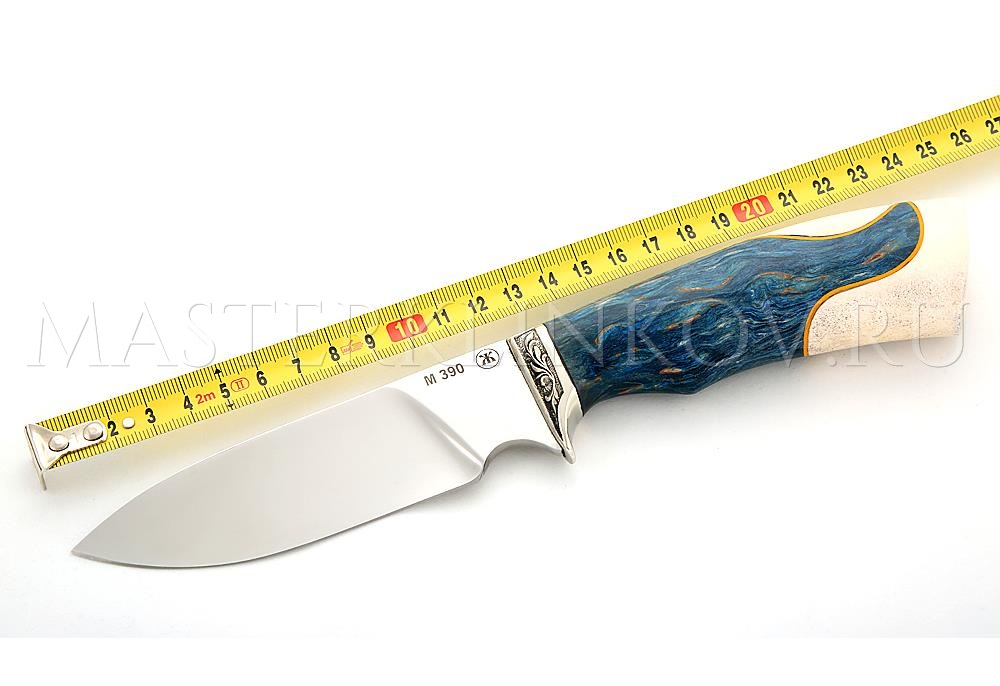 Нож из порошковой стали М390 Бобр, рукоять и ножны - карельская береза, рог лося