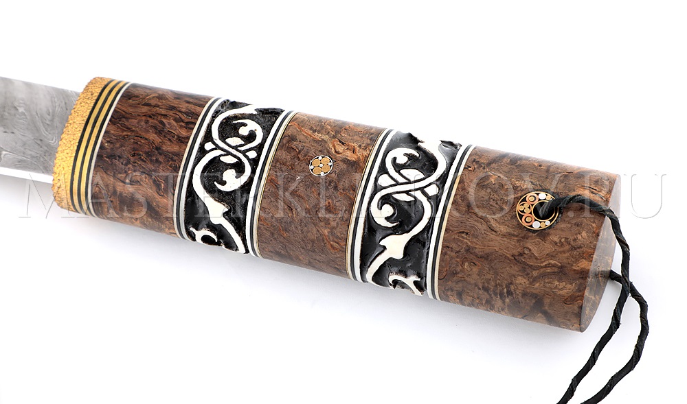 Нож из дамасской стали Якут большой, рукоять - карельская береза, инкрустация