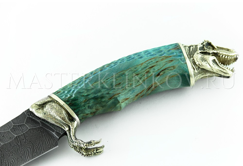 Нож из дамасской стали Галеон, карельская береза, литье Динозавр