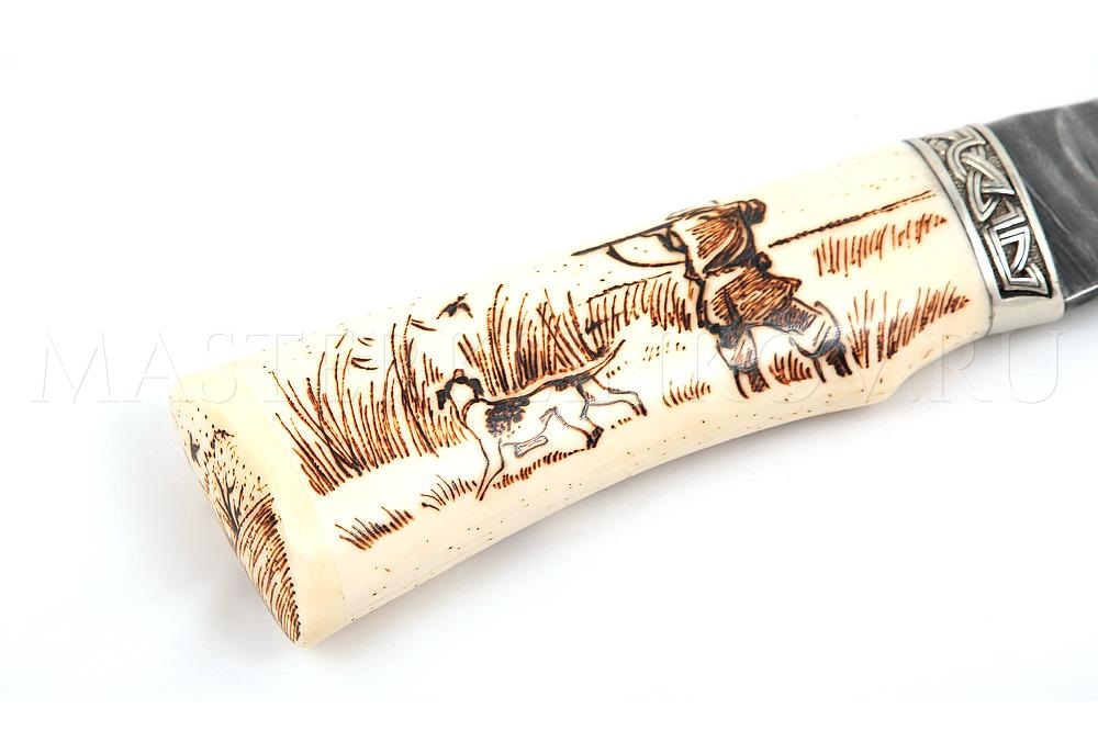 Нож из дамасской стали Волк, камень, рукоять, ножны - рог лося, выжигание