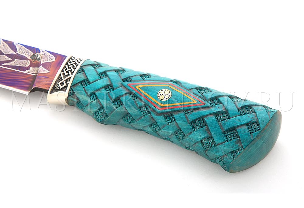 Нож Осетр мозаичный дамаск, рукоять и ножны - стабилизированный граб, резьба, литье