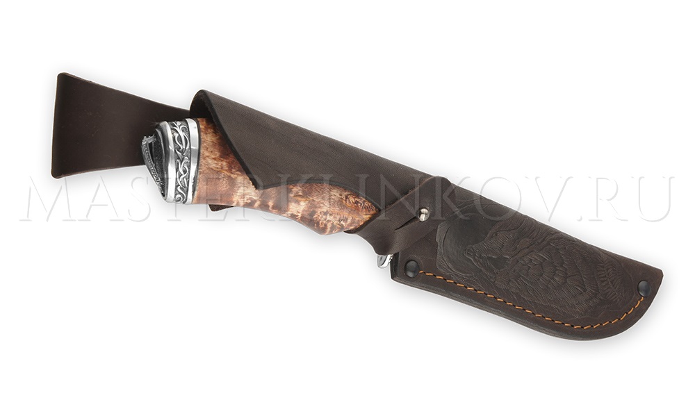 Нож из булатной стали Бобр, долы, камень, рукоять - карельская береза, литье