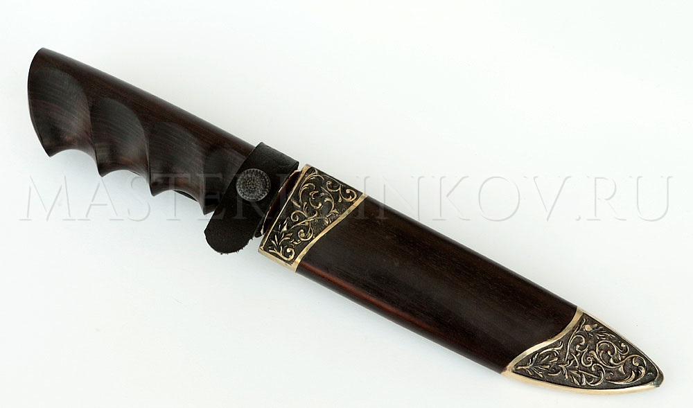 Нож из дамасской стали Золотоискатель, долы, камень, ножны - черный граб, литье