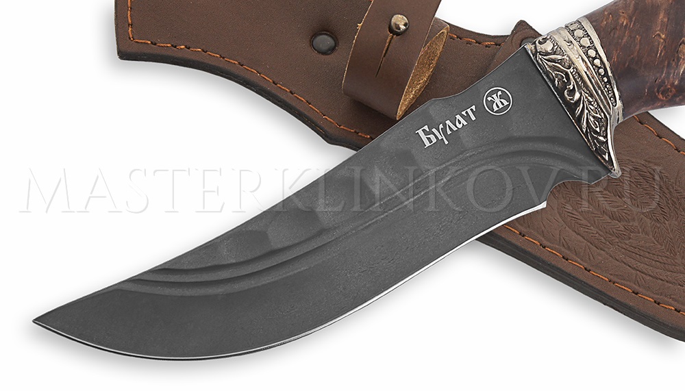 Нож из булатной стали Восток, долы, камень, рукоять - карельская береза, литье