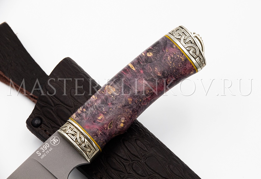 Нож из порошковой стали Böhler S390 Золотоискатель, рукоять — стабилизированный кап клена, литье