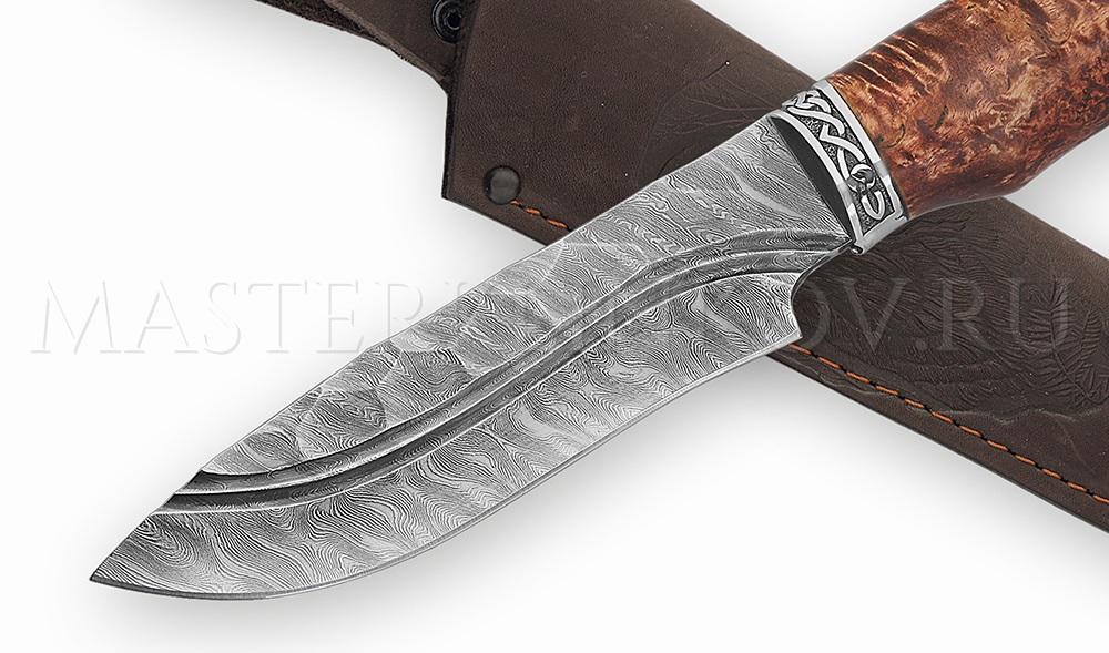 Нож из дамасской стали Волк, долы, камень, рукоять - карельская береза, литье