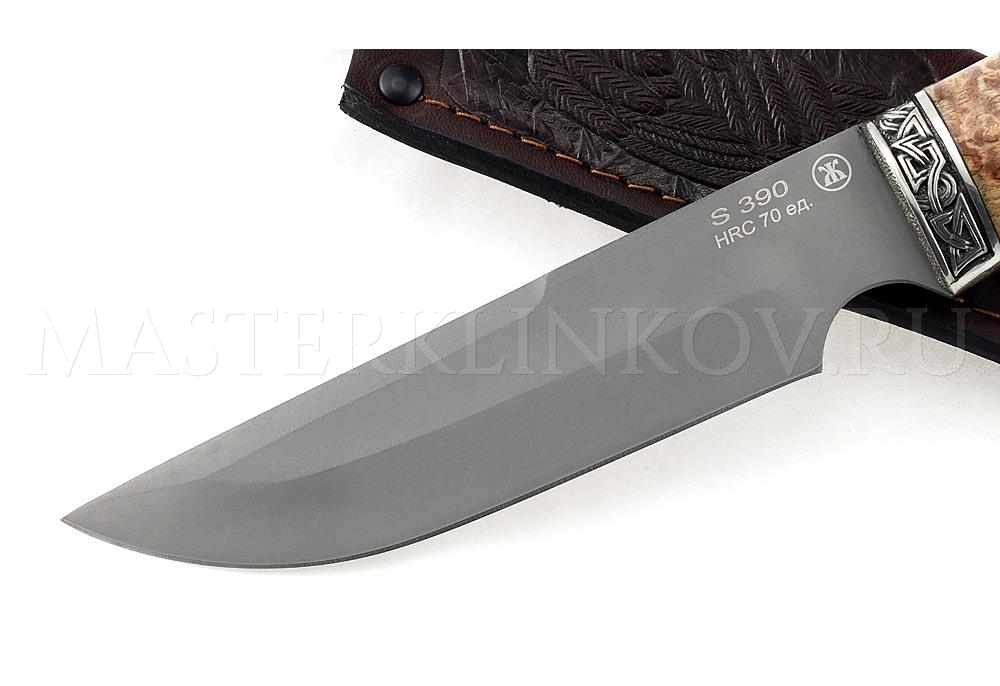 Нож из порошковой стали Böhler S390 Золотоискатель, рукоять — карельская береза, литье