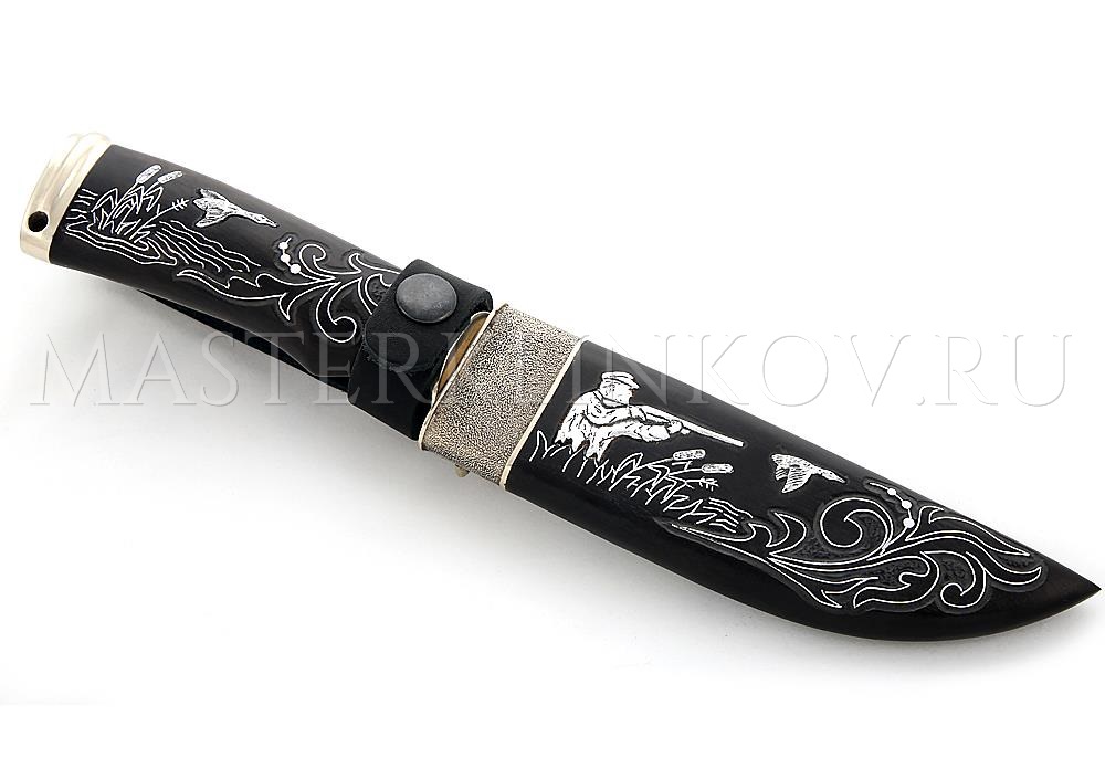 Нож из порошковой стали Elmax Егерь, черный граб с инкрустацией, мельхиор