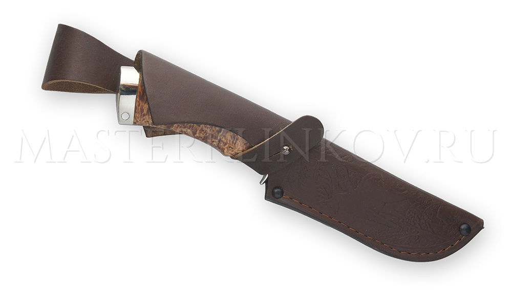 Нож из булатной стали Бобр, рукоять - карельская береза, мельхиор