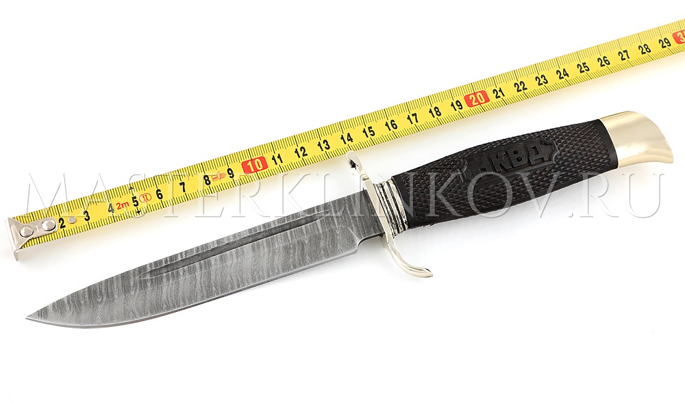 Нож Финка НКВД реплика, дамасская сталь, рукоять- граб, резьба, мельхиор