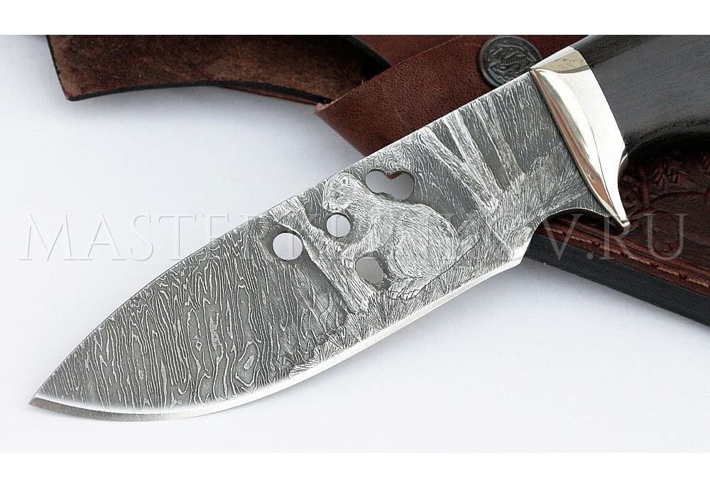 Нож из дамасской стали Бобр,вырубка, рукоять - черный граб, мельхиор