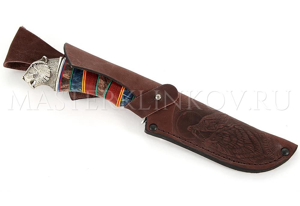 Нож из дамасской стали Бобр золочение, рукоять - наборная карельская береза, литье